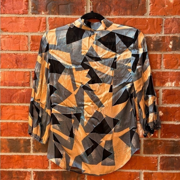 Diane Von Furstenberg Womens 4 Glassglow Silk Gold Black Geometric Blouse - Picture 5 of 10